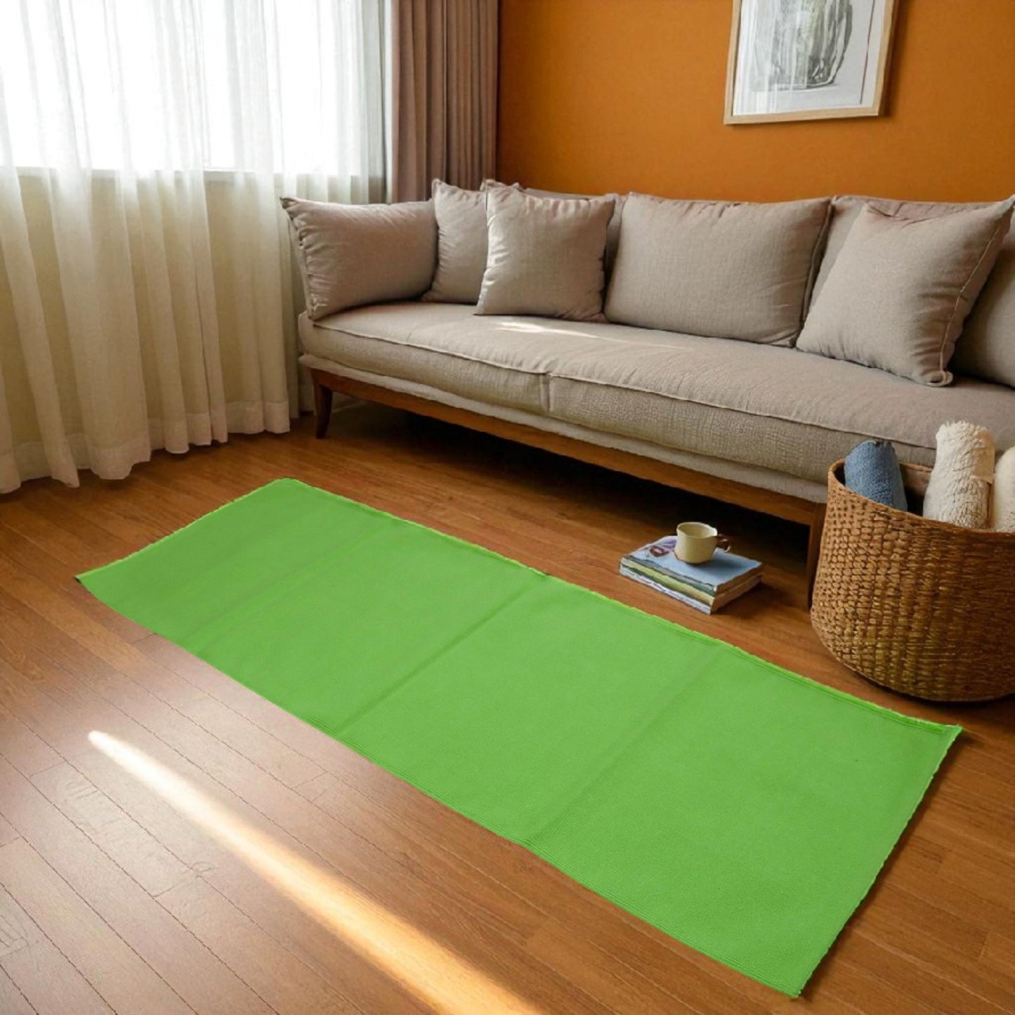 Dana Plain Woven Apple Green Dhurrie Runner. 2x6 Feet.