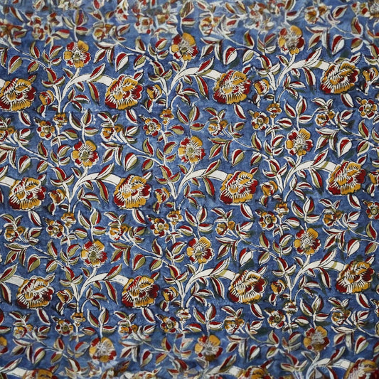 Blue Ocra Kalamkar Handblock Print Fabric