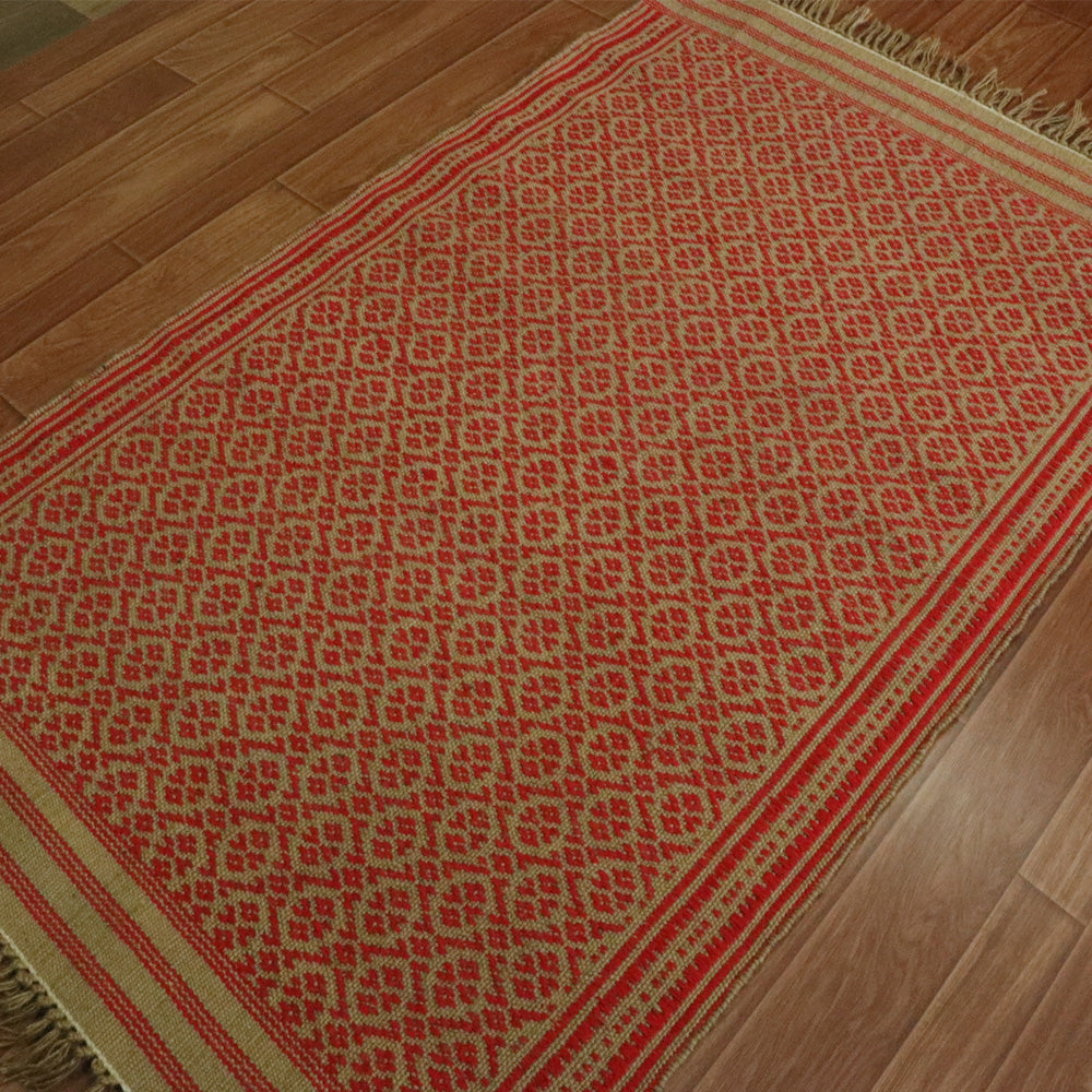 Jute & Cotton Red Handwoven Dhurrie - 3X5 Feet