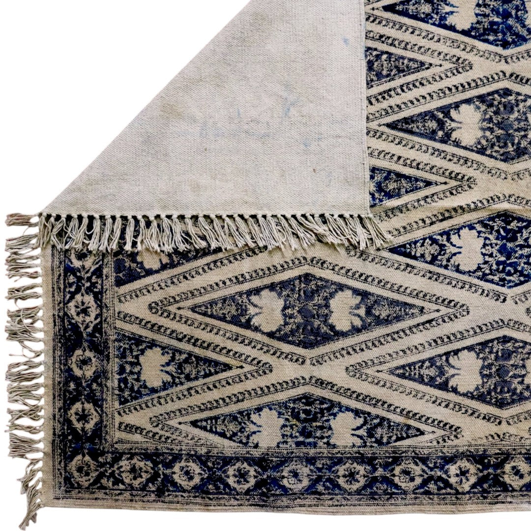 Blue Grey Woven Kalamkari Printed Dhurrie