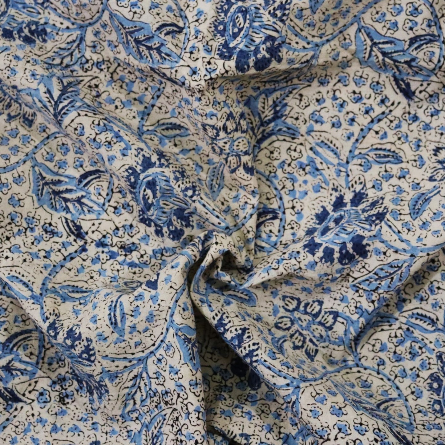 Indigo Floral Kalamkari Block Print Fabric
