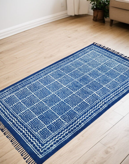 Cotton Woven Indigo Ganik Dabu Block Printed  Dhurrie