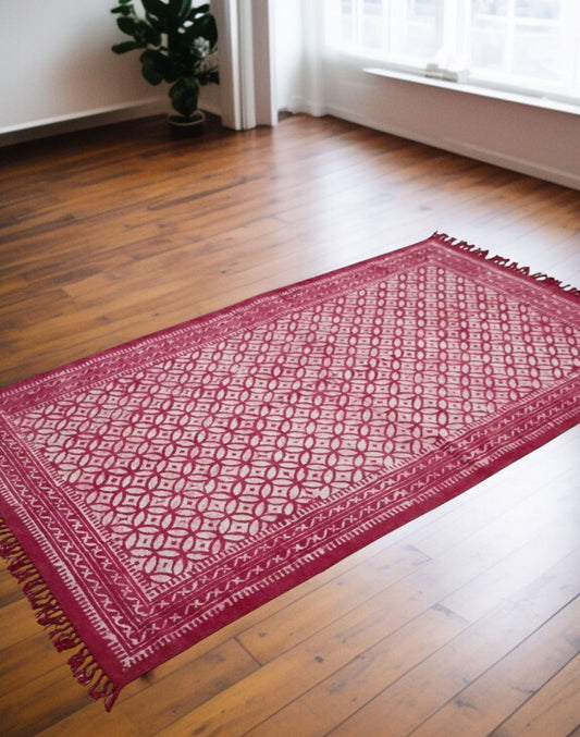 Fushia Vanya Cotton Woven Dabu Printed Dhurrie