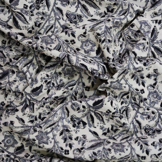 Grey Floral Kalamkari Hand block Print Fabric