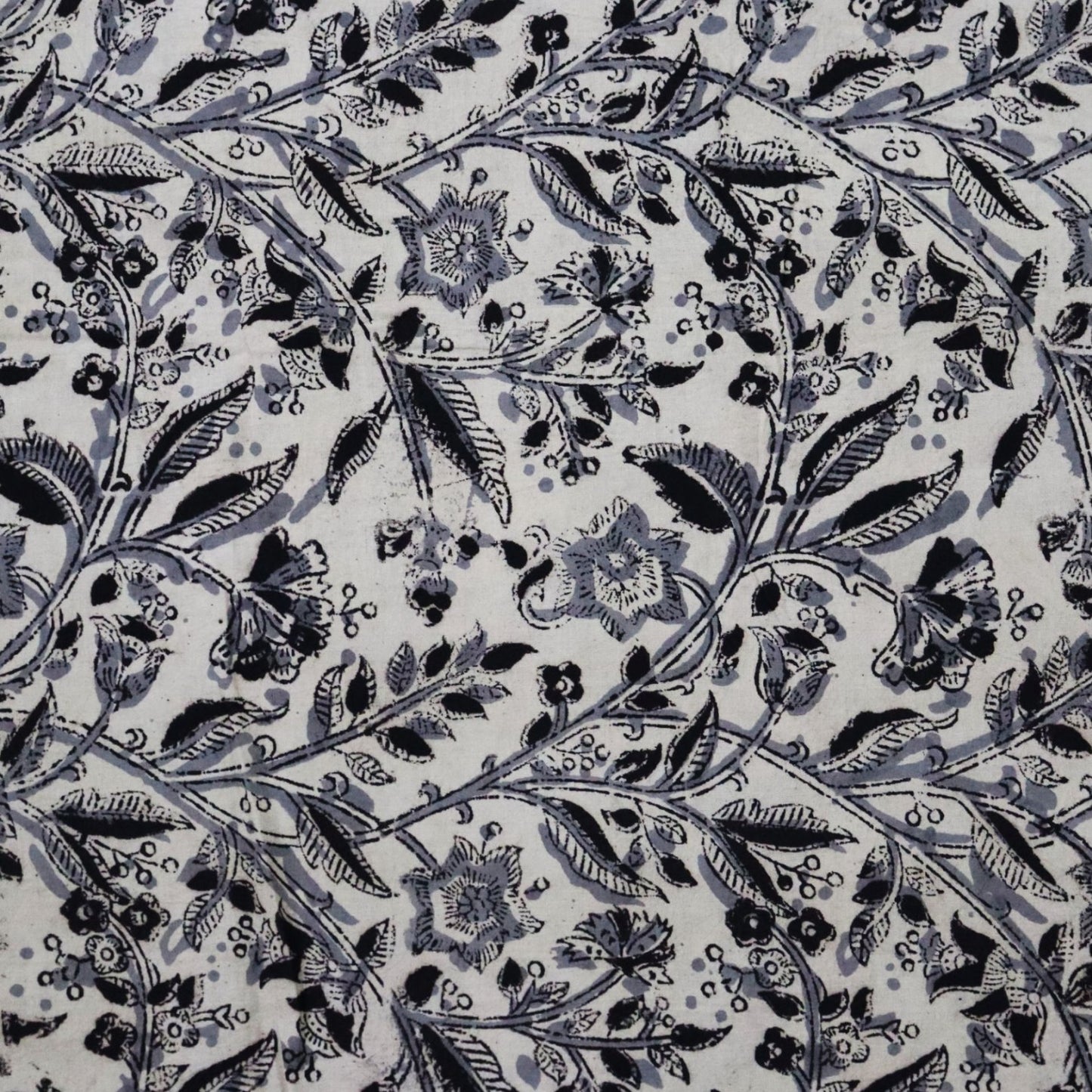 Grey Floral Kalamkari Hand block Print Fabric