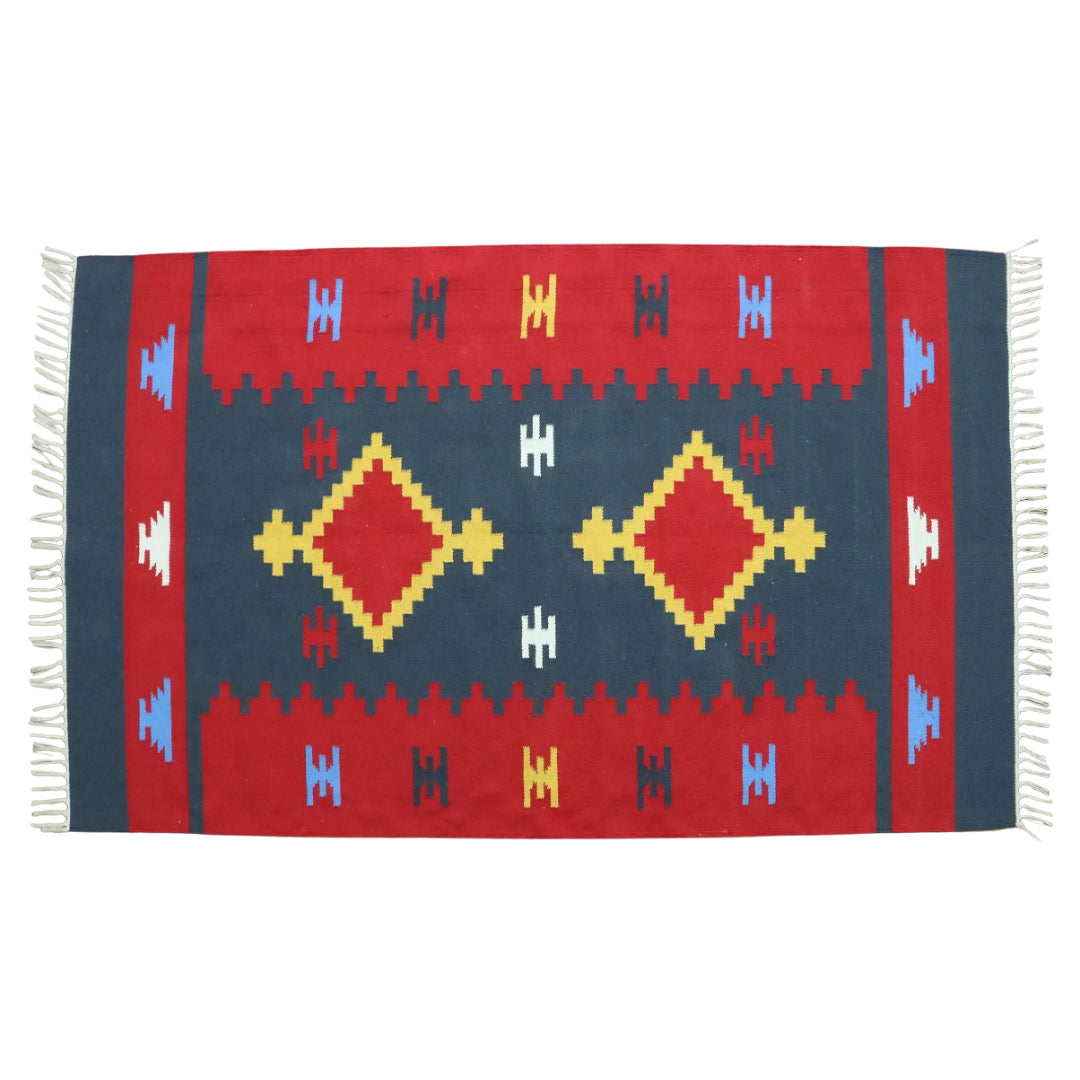 Grey red Woven Cotton Dhurrie
