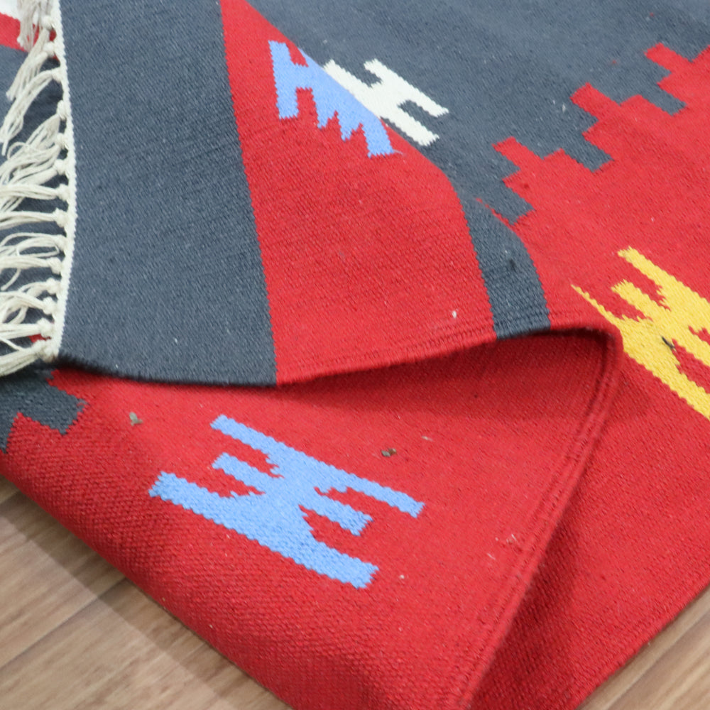 Grey red Woven Cotton Dhurrie