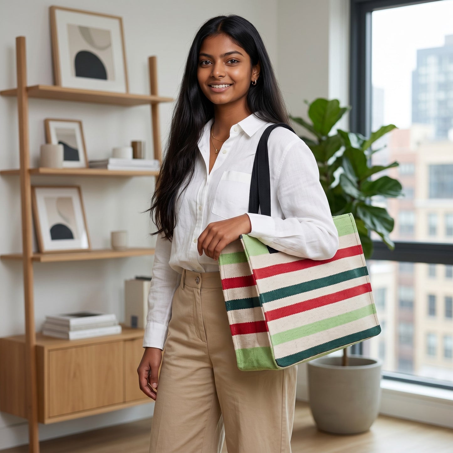 Green Woven Stripe Dhurrie Tote Bag