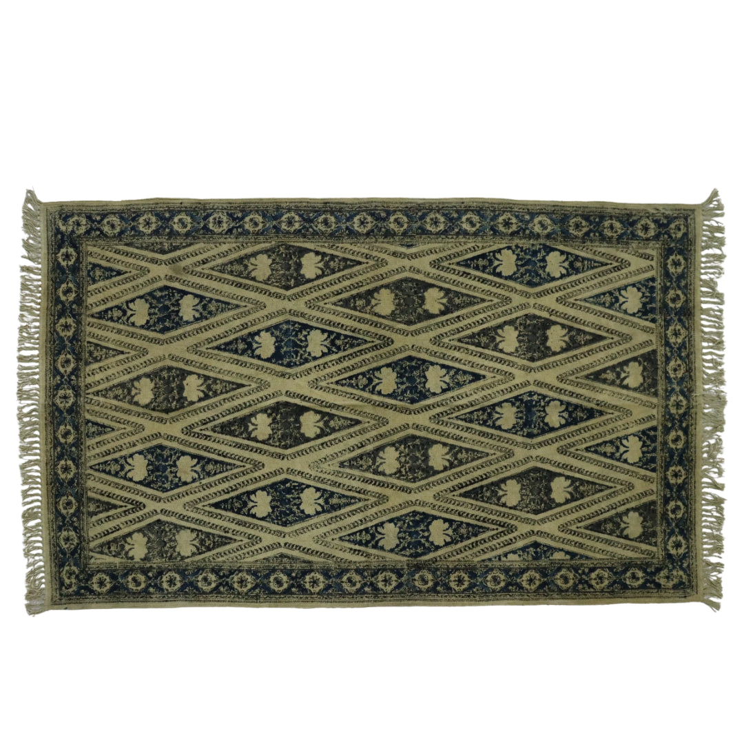 Blue Grey Woven Kalamkari Printed Dhurrie
