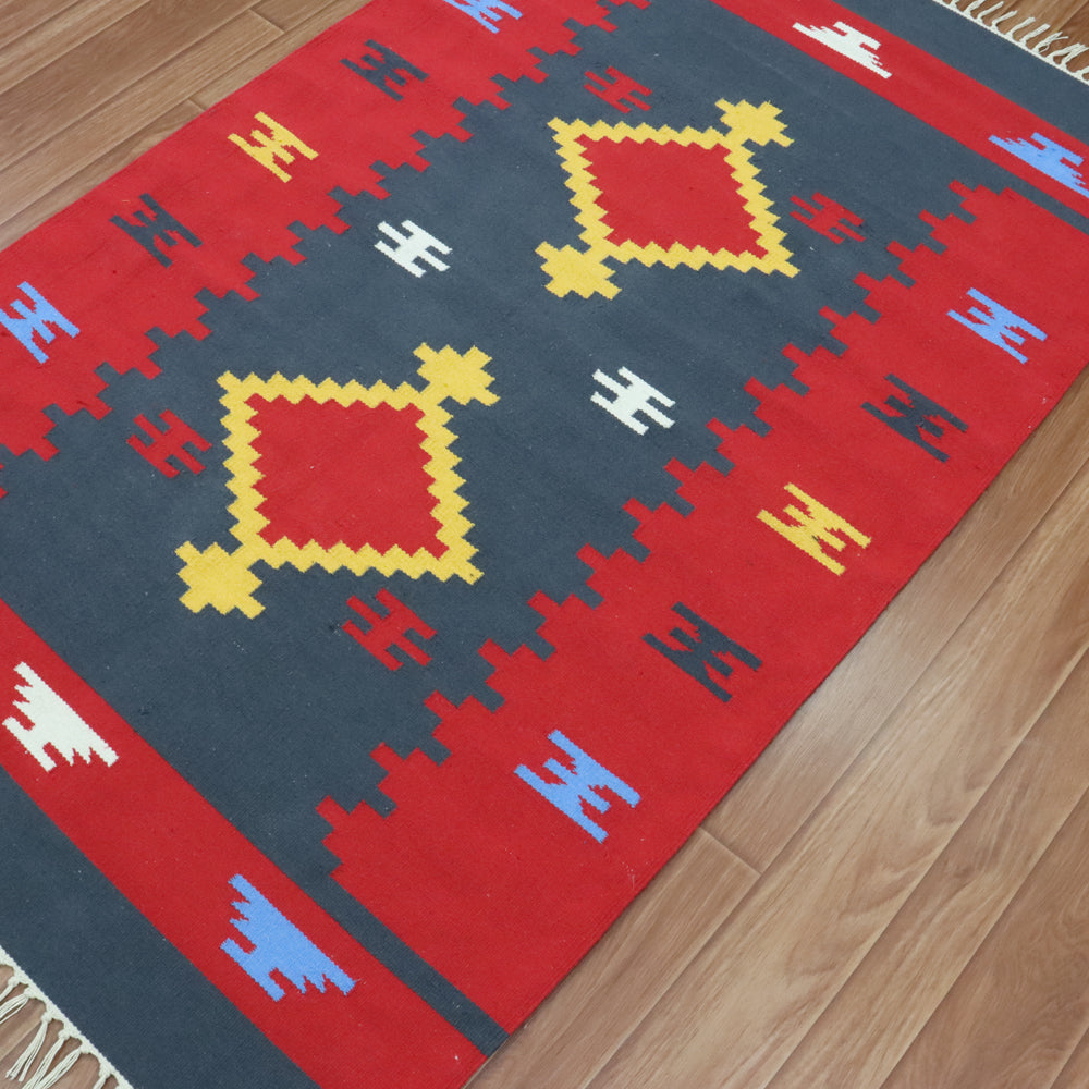 Grey red Woven Cotton Dhurrie