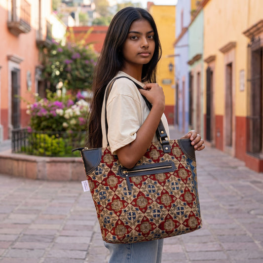 Red Vara Kalamkari Dhurrie Tote Bag.