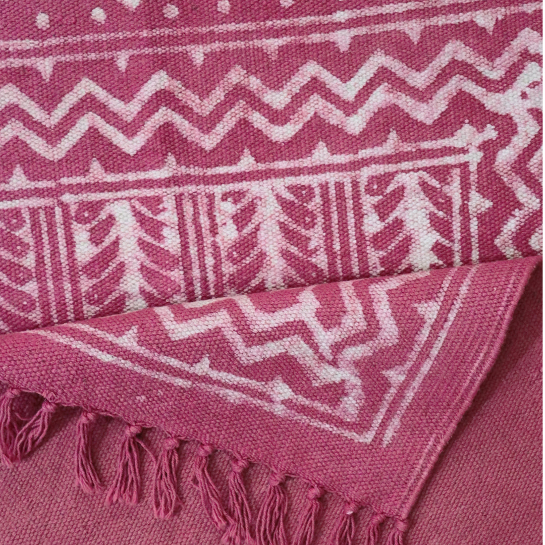 Fushia Kaira Cotton Woven Dabu Printed Dhurrie
