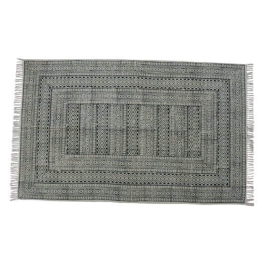 Block Printed Cotton Woven Black Dhurrie