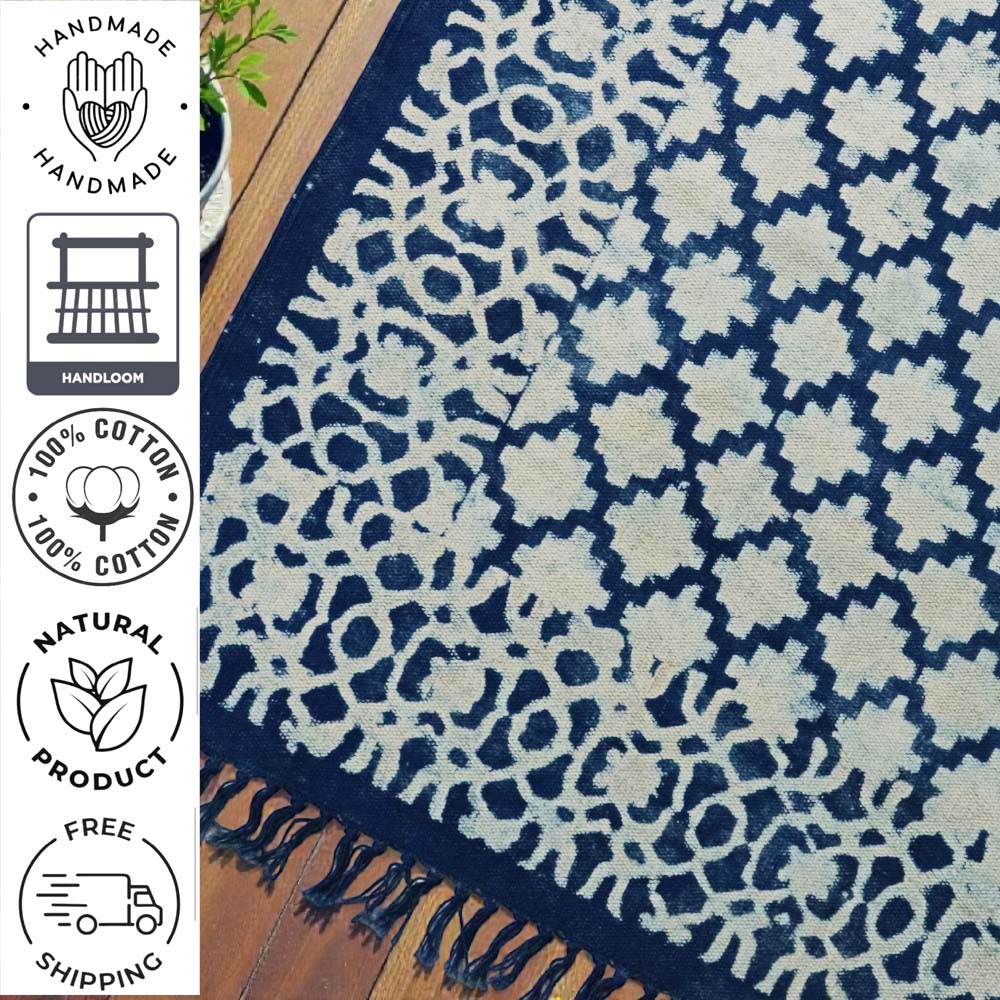 Nila Dabu Indigo Printed Cotton Dhurrie