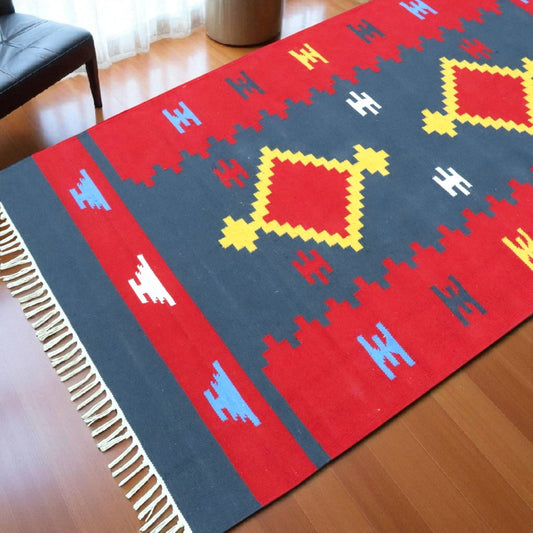 Grey red Woven Cotton Dhurrie