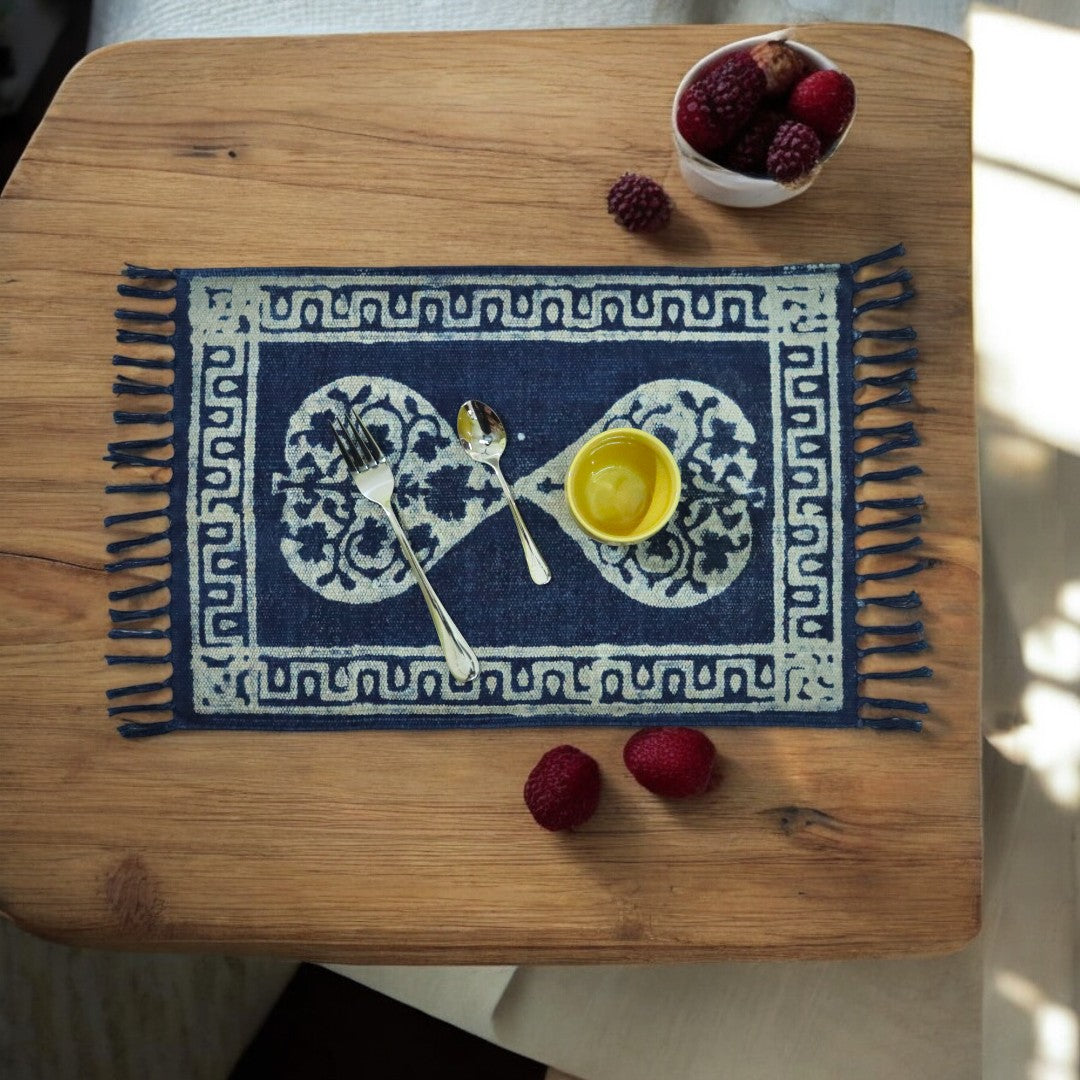 Indigo Print Dhurrie Table Mat-2(Set of 4)
