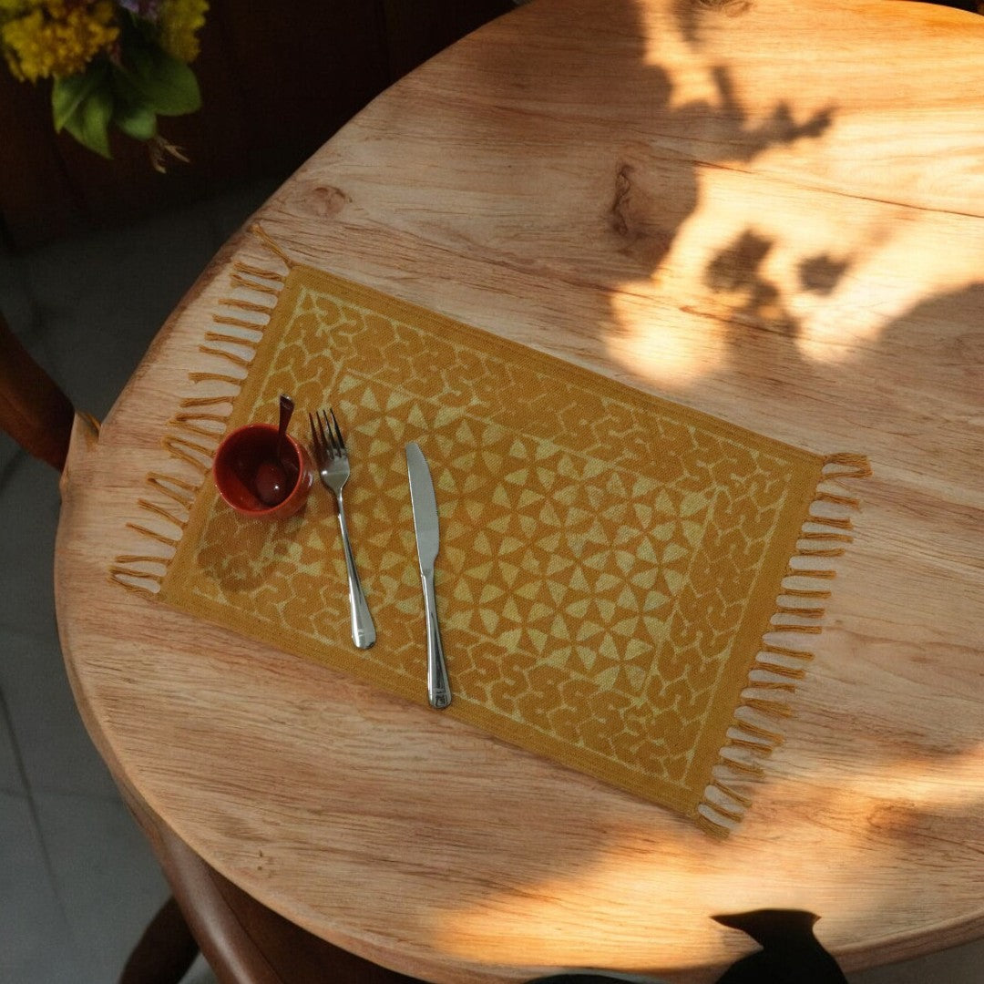 Dabu Printed Dhurrie Table Mat Ocra2(set of 4 & set of 6)