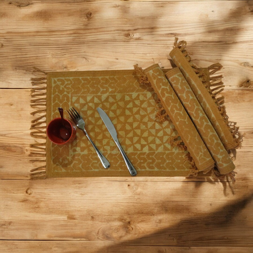 Dabu Printed Dhurrie Table Mat Ocra2(set of 4 & set of 6)