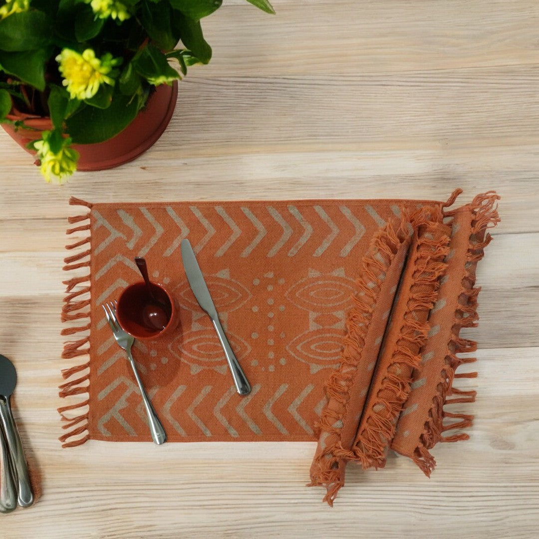 Dabu Printed Dhurrie Table Mats L Orenge-1(Set of 4 & set of 6)