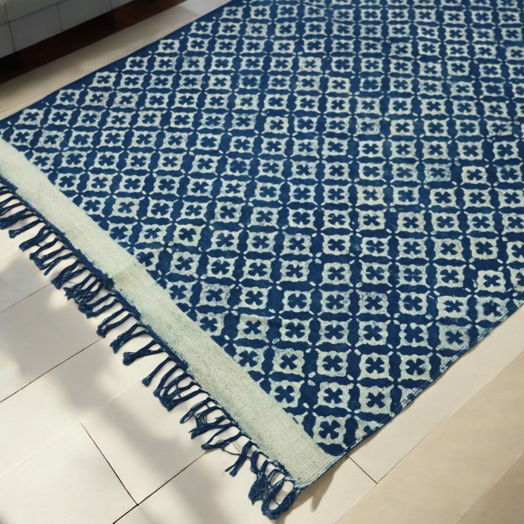 Blue Indigo Diya Cotton Woven Printed Dhurrie