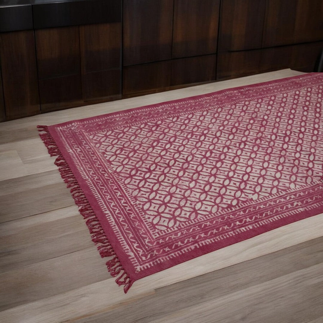 Fushia Vanya Cotton Woven Dabu Printed Dhurrie