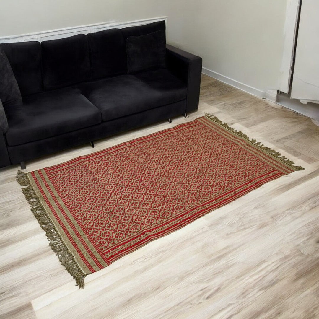 Jute & Cotton Red Handwoven Dhurrie - 3X5 Feet