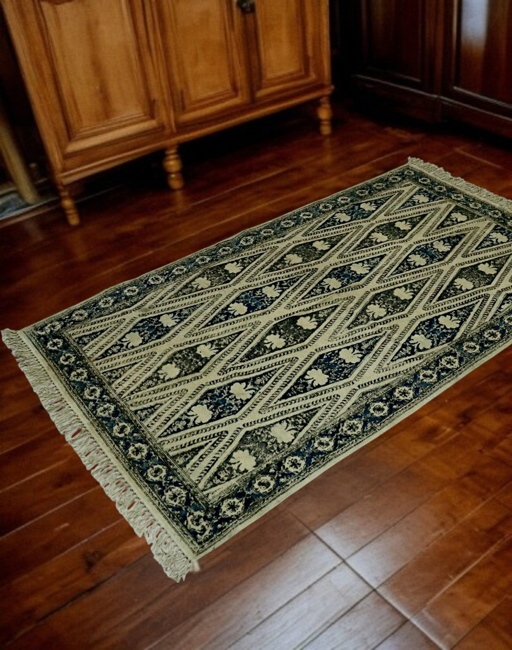 Blue Grey Woven Kalamkari Printed Dhurrie
