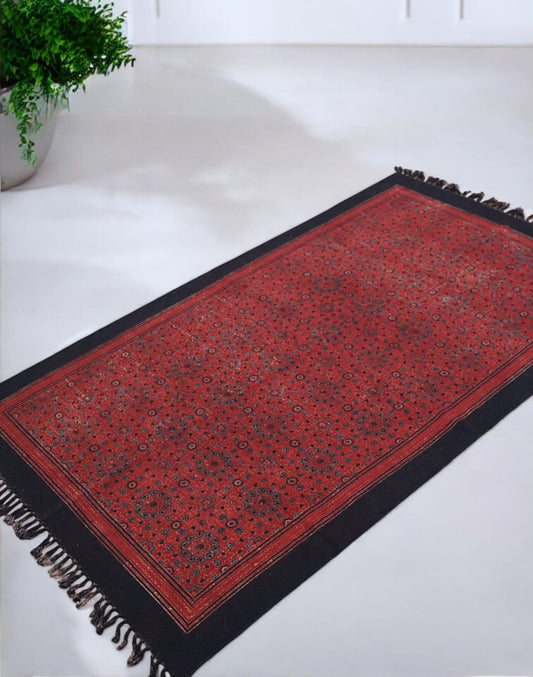 Red Ajrakh Cotton Woven Block Printed Dhurrie