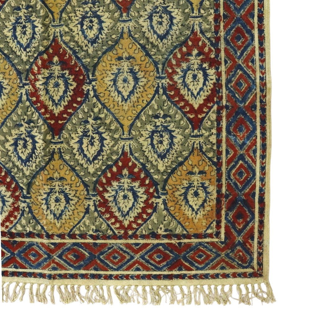 Green Red Kamya Kalamkari Printed Cotton Dhurrie