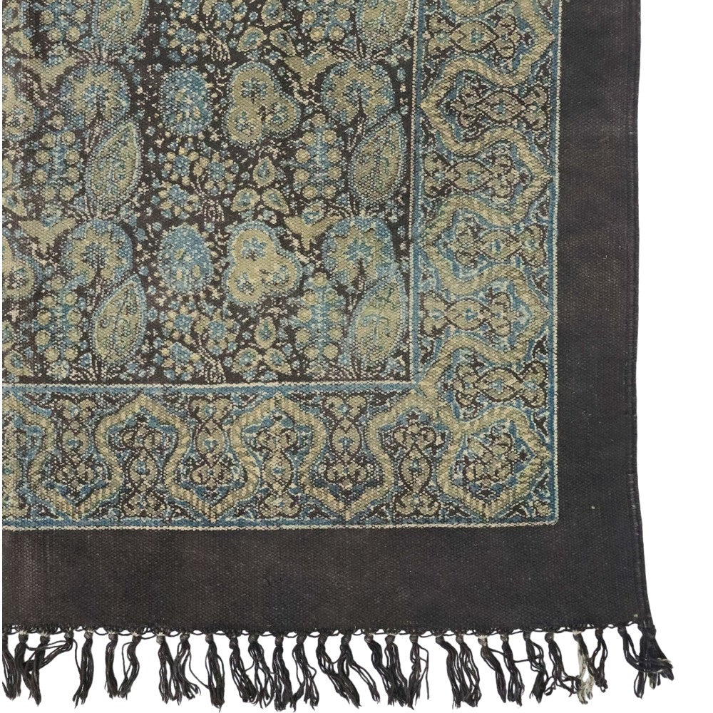 Floral Green Ajrakh Block Printed Cotton Dhurrie