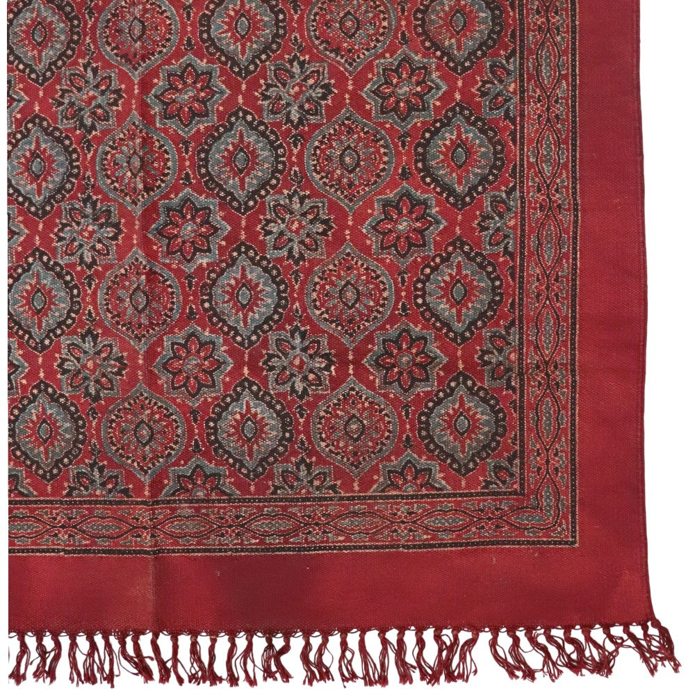 Red Ajrakh Cotton Woven Block Printed Dhurrie