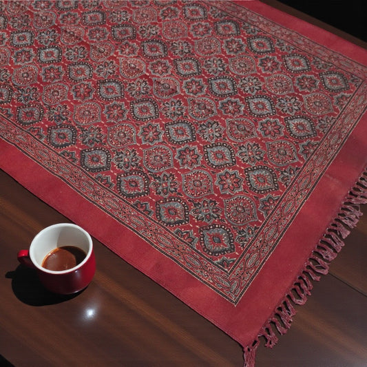 Red Ajrakh Cotton Woven Block Printed Dhurrie