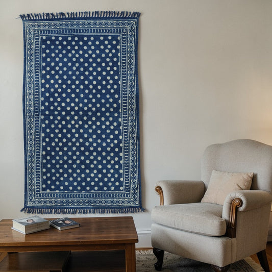 Polka Dot Dabu Indigo Printed Cotton Dhurrie
