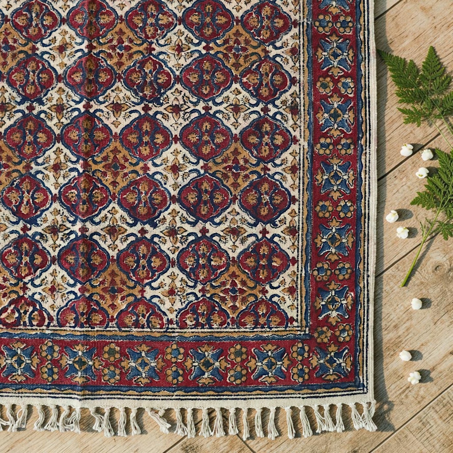 Sarita Red Kalamkari Handblock Printed Cotton Dhurrie