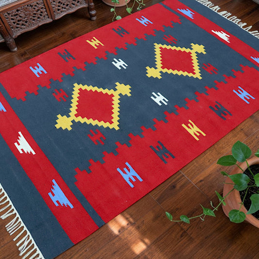 Grey red Woven Cotton Dhurrie
