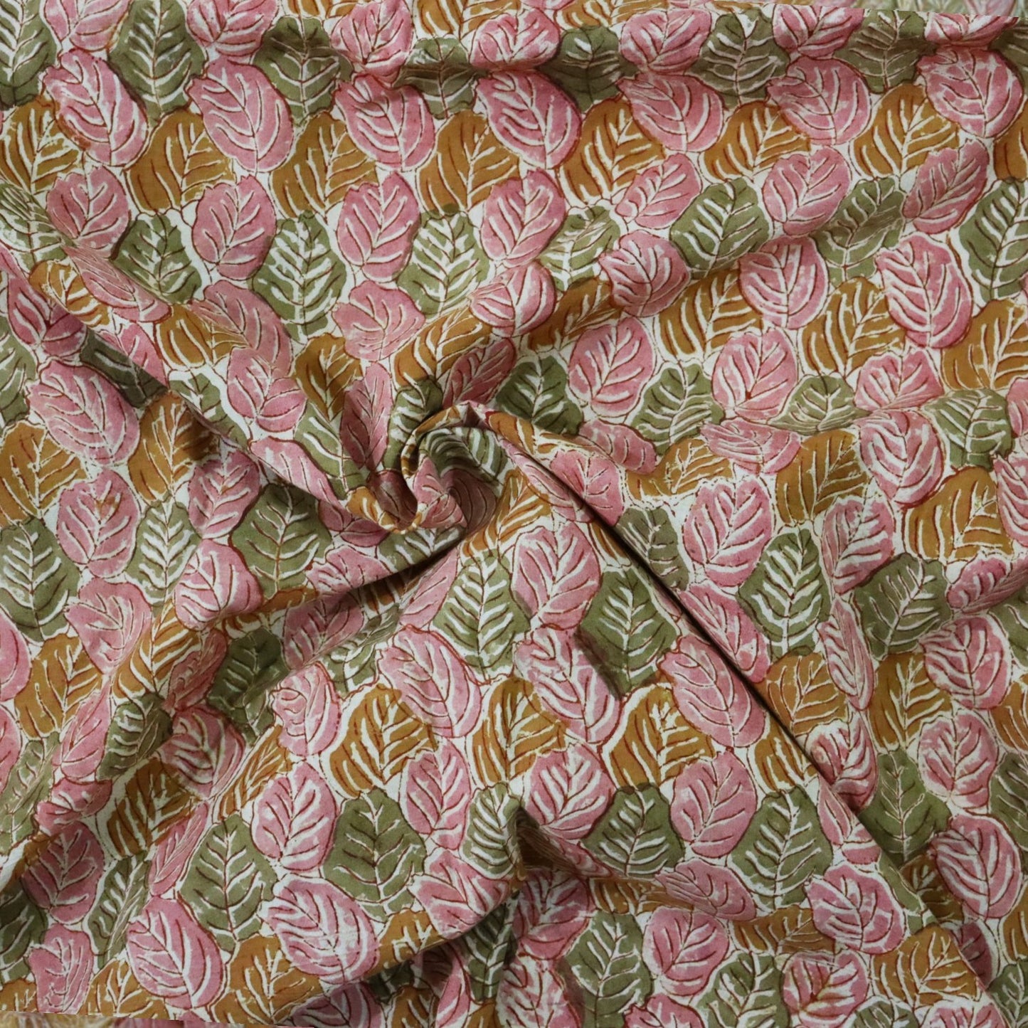 Pink Leaves Kalamkari Handblock Print  Cotton Fabric