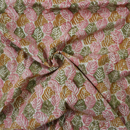 Pink Leaves Kalamkari Handblock Print  Cotton Fabric