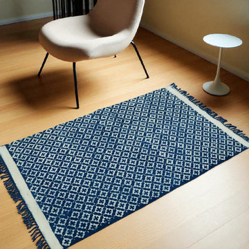 Blue Indigo Diya Cotton Woven Printed Dhurrie