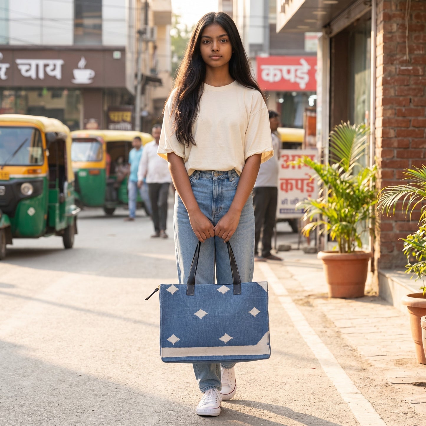 Woven Diamond Dhurrie Tote Bag