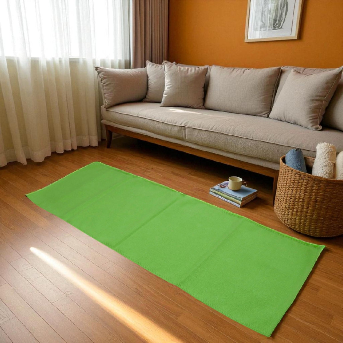 Dana Plain Woven Apple Green Dhurrie Runner. 2x6 Feet.