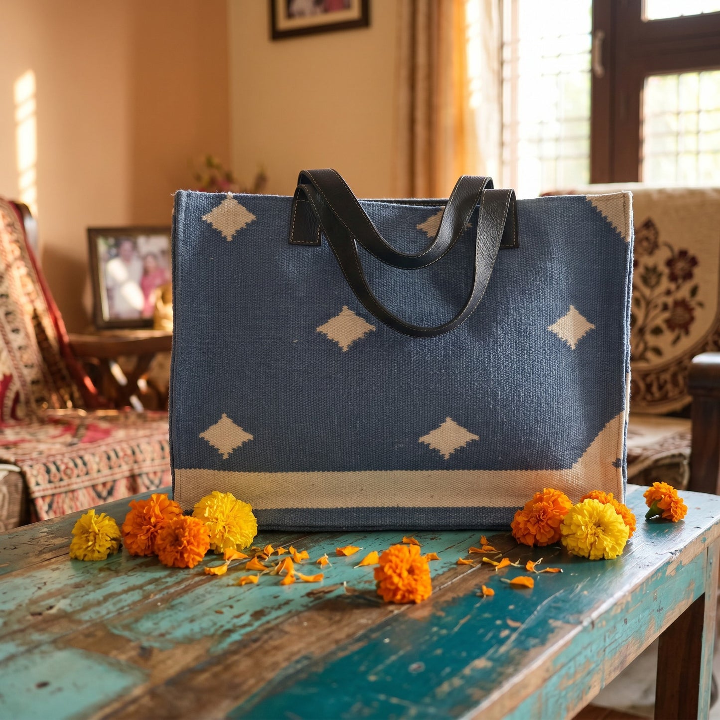 Woven Diamond Dhurrie Tote Bag