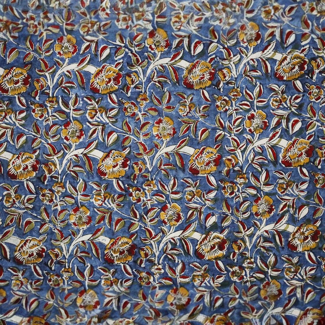 Blue Ocra Kalamkar Handblock Print Fabric