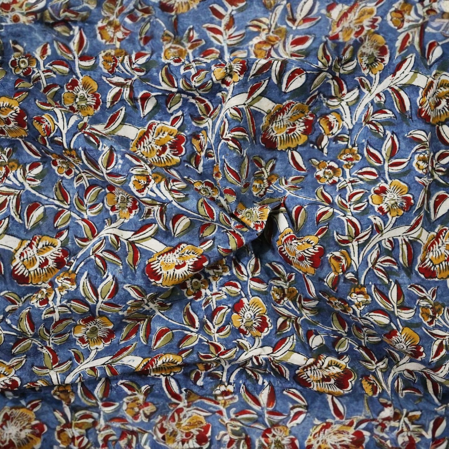 Blue Ocra Kalamkar Handblock Print Fabric