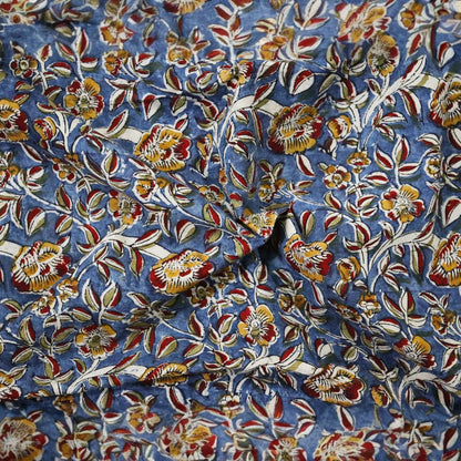 Blue Ocra Kalamkar Handblock Print Fabric
