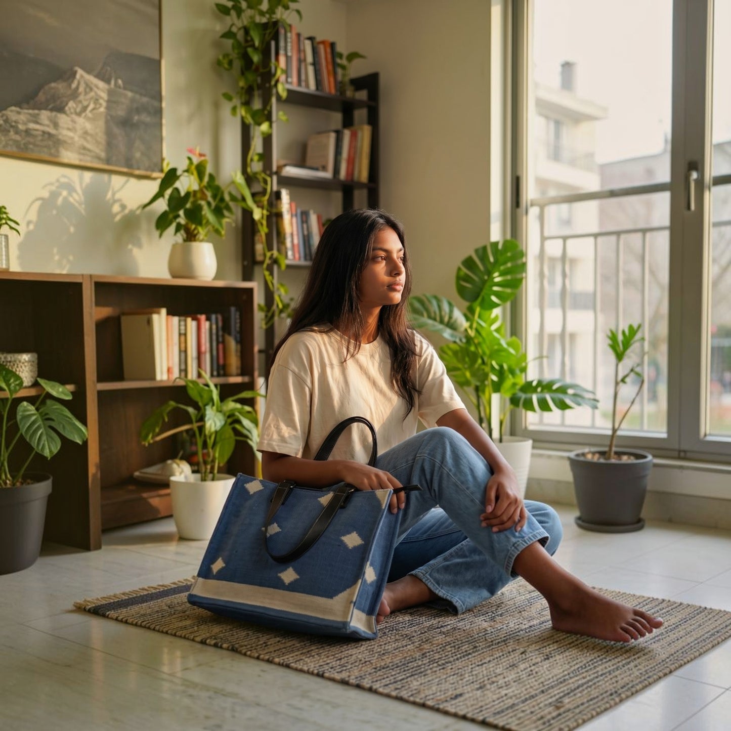 Woven Diamond Dhurrie Tote Bag