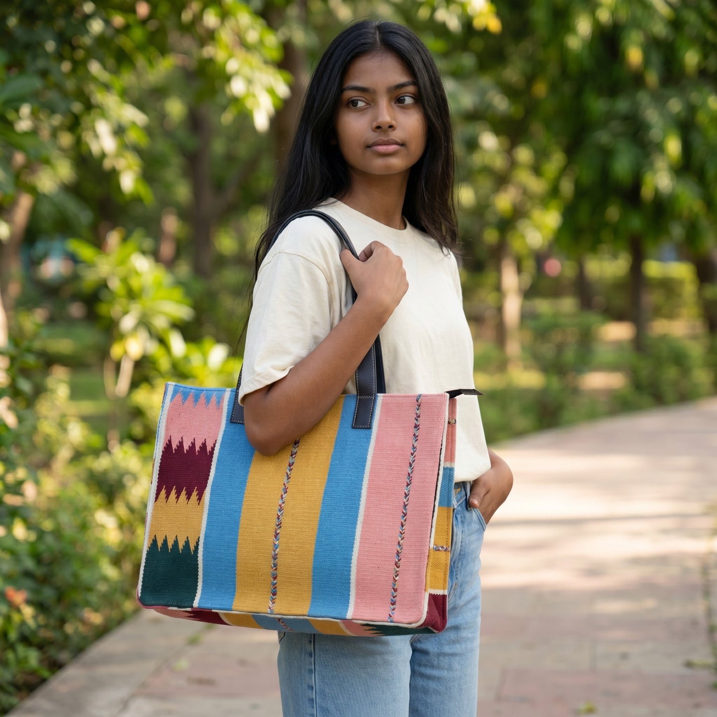 Multi Colour Stripe Dhurrie Tote bag
