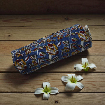 Blue Ocra Kalamkar Handblock Print Fabric