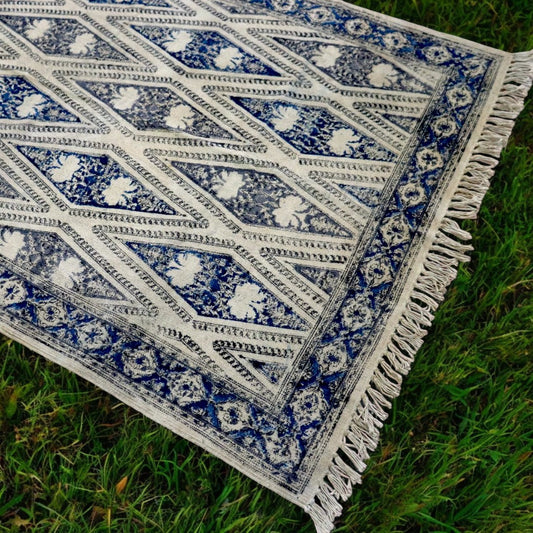 Blue Grey Woven Kalamkari Printed Dhurrie
