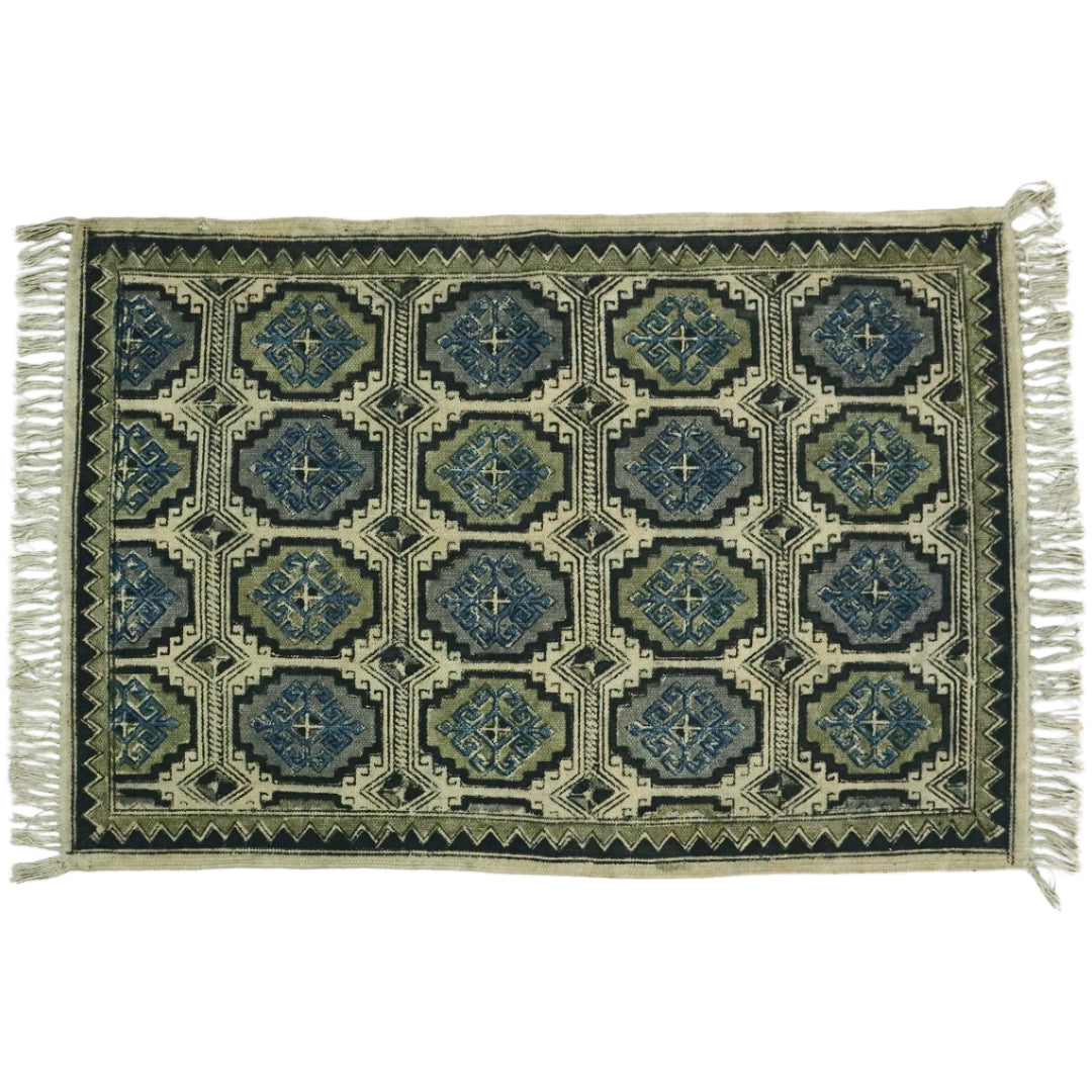 Cotton Woven Green Kalamkari Handblock Printed Dhurrie