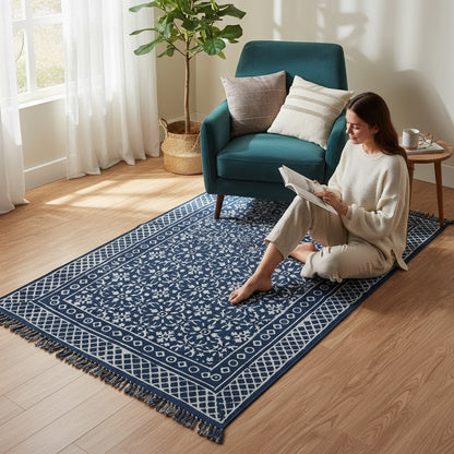 Anya Dabu Indigo Printed Cotton Dhurrie